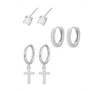 KONFEN 3 Paar Ohrringe Und Ohrstecker Set Damen, 18K Vergoldet Kleine Ohrringe Kreuz Anhänger Creolen Mit Glänzendem Zirkonia, Leicht Piercing Helix Ohrring Stapelbar, Hypoallergen Ohr Schmuck Silber