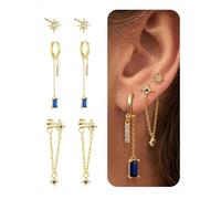 KONFEN 3 Paar Ohrringe Und Ohrstecker Set Damen Mit Kette, 14K Vergoldet Ohrringe Quaste Sternform Mit Blauen Anhänger, Hypoallergene Piercing Helix Ohrstecker Stapelbar Mit Glitzernd Zirkonia Golden