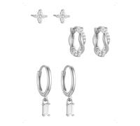 KONFEN 3 Paar Ohrringe Und Ohrstecker Set Damen, Ohrringe Creolen Blumenform Kleine Mit Zirkonia Anhänger, Elegant Stapelbar Helix Piercing Ohrring, Hypoallergen Ohrstecker Schmuck Geschenk, Silber