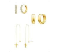 KONFEN 3 Paar Ohrringe Und Ohrstecker Set Damen, Ohrringe Kette Kreuz Anhänger Dick Creolen Mit Glänzendem Zirkonia, Stapelbar Piercing Helix Kleine Ohrring, Hypoallergen Ohr Stecker Schmuck Golden