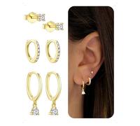 KONFEN 3 Paar Ohrringe Und Ohrstecker Set, Ohrringe Creolen Kleine Für Damen Mit Glänzendem Zirkonia Anhänger, Elegant Stapelbar Piercing Helix Ohrring Mehrere, Hypoallergen Ohrstecker Schmuck Golden