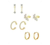 KONFEN 4 Paar Ohrringe Und Ohrstecker Set 18K Vergoldet, Ohrstecker Kleine Feder Form Für Damen Ohrringe Creolen Mit Glänzendem Zirkonia, Hypoallergen Stapelbar Piercing Helix Ohrring Schmuck, Golden