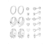 KONFEN 9 Paar Ohrringe Ohrstecker Set Edelstahl Damen, Creolen Ohrring Stecker Herz Schneeflocke Ahornblatt Zirkonia, Mehrfach Piercing Dünne Chunky Creolen Helix Tragus Ohrknorpel Stapelbar, Silber