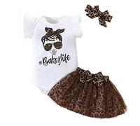 KONFEN Baby Kleidung Mädchen Sommer Outfit, T-Shirt Rüschen Kurzarm Top + Leopardenmuster Netz Rock + Stirnband 3tlg Neugeborenen Set Bekleidungsset Babykleidung Set für 18-24 Monate
