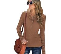 KONFEN Damen Langarm Rundhals Oberteile, Knopfleiste Top Langarmshirt Bluse aus Geripptem Stoff mit Spitzenbündchen, Casual Shirts Top Herbst Winter Einfarbig Lockeres Hemd, Braun M