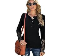 KONFEN Damen Langarm Rundhals Oberteile, Knopfleiste Top Langarmshirt Bluse aus Geripptem Stoff mit Spitzenbündchen, Casual Shirts Top Herbst Winter Einfarbig Lockeres Hemd, Schwarz M