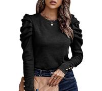 KONFEN Damen Langarm Rundhals Oberteile, Top Langarmshirt Bluse Kaschmir Gebürstet mit Puffärmel, Casual Shirts Top Elegant Herbst Winter Einfarbig Schlanke Passform, Schwarz L