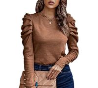 KONFEN Damen Langarm Rundhals Oberteile, Top Langarmshirt Bluse Kaschmir Gebürstet mit Puffärmel, Casual Shirts Top Elegant Herbst Winter Einfarbig Schlanke Passform, Braun M