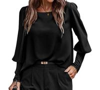 KONFEN Damen Langarm Rundhals Oberteile, Top Langarmshirt Bluse Laternenärmel mit Geknöpfte Ärmel und Knopfleiste hinten, Casual Shirts Top Elegant Herbst Winter Lockeres Hemd für Frauen, Schwarz L