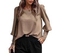 KONFEN Damen Langarm Rundhals Oberteile, Top Langarmshirt Bluse Laternenärmel mit Geknöpfte Ärmel und Knopfleiste hinten, Casual Shirts Top Elegant Herbst Winter Lockeres Hemd, Braun XL