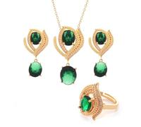 KONFEN Damen Smaragd Zirkon Schmuck Set, Collier Damen Weizengarbe Halskette Ohrringen Verstellbarer Ring Set, Smaragdgrüner Blatt Jewelry Grün Kette Premium Shining für Women