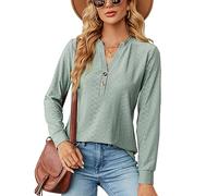KONFEN Damen V-Ausschnitt Langarm Bluse, Knopfleiste Top Oberteile Langarmshirt, Casual Shirts Top Elegant Herbst Winter Einfarbig Lockeres Hemd, Grün M