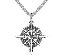 KONFEN Kette Herren Damen mit Anhänger, 24" Kompass Halskette mit Wikinger Symbole Kettenanhänger aus Edelstahl für Männer 60cm, Hip Hop Edelstahlkette Necklace Pendant Chain