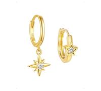 KONFEN Ohrringe Hänger Creolen Damen, 925 Silber Sterne und Achtzackiger Stern Zirkonia Creolen Ohrring, Hypoallergene Ohrschmuck Mehrfach Piercing für Helix Tragus Ohrknorpel Stapelbar Schmuck, Gold