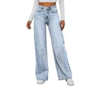 KONG JIMFAN Baggy Jeans Damen,High Waist Wide Leg Jeanshosen Pants Dark Wash Vintage Denimjeans Boyfriend Flaredjeans mit Taschen Bequeme Lang Halarajeans Freizeithose Y2k Streetwear（Light Blue，XXL）