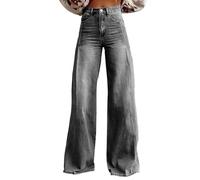 KONG JIMFAN Baggy Jeans Damen,Hohe Taille Weites Bein Jeanshosen 2025 Sommer Pants Washed Blue Vintage Denimjeans Boyfriend Schlaghose mit Taschen Halarajeans Freizeithose Y2k Streetwear