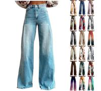 KONG JIMFAN Baggy Jeans Damen,Hohe Taille Weites Bein Jeanshosen 2025 Sommer Pants Washed Blue Vintage Denimjeans Boyfriend Schlaghose mit Taschen Halarajeans Freizeithose Y2k Streetwear
