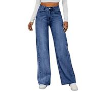 KONG JIMFAN Baggy Jeans Damen,Hohe Taille Weites Bein Jeanshosen Pants Dark Wash Vintage Denimjeans Boyfriend Flaredjeans mit Taschen Bequeme Lang Halarajeans Freizeithose Y2k Clothes（Dark Blue，L）