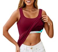 KONG JIMFAN Damen Unterhemd BH-Hemd Basic U-Ausschnitt Eingebauter BH Bügelloser Gepolstert Verstellbare Tank Tops mit Integriertem BH Ohne Bügel Einfarbig Bequeme Hemd Fitting Yoga BH(#C Wine,L)