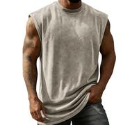 KONG JIMFAN Herren ärmelloses T-Shirt aus Baumwolle Rundhalsausschnitt Lockerer Freizeitmode Basic Oberteil für Alltag und Sport(Khaki,M)