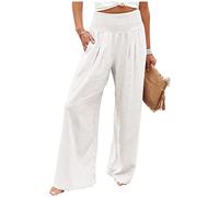 KONG JIMFAN Hosen Damen Leinenhose Damen Sommer Lang Schwarz Hosenanzug Damen Sportlich Lässig Wide Leg Pant Women Hosenanzug Damen Festlich Hochzeit Weiß Baggy Schlaghose Damen(#A Weiß,3XL)