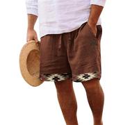 KONG JIMFAN Kurze Hosen Herren Leinen Short Hosen Retro Ethno Druck Hosen Elastische Taille Mit Kordelzug Lockere Passform Kurze Hosen Mit Taschen Loose Bermuda Sport Shorts Freizeithose(#B Brown,L)