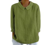 KONG JIMFAN Leinenbluse Damen Musselin Bluse Shirt 4572 Arm Blusehemd Revers Rundhals Oberteile Tshirt Pullover Sommer Blusenshirt Kurzarm(#C Green,L)