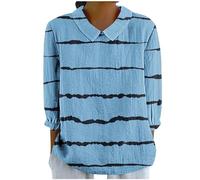 KONG JIMFAN Leinenbluse Damen Musselin Bluse Shirt 4572 Arm Blusenshirt Revers Rundhals Oberteile T-Shirt Oversize Top Sommer Tunika Sommer(#A Blue,S)