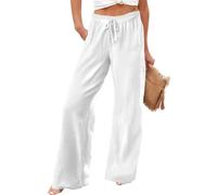 KONG JIMFAN Leinenhose Damen Leinenhose Damen Lang Eng Leinenhose Damen Sommer Freizeithose Lang Leinenhose Damen Weites Bein Hosenanzug Damen Große Größen Schlaghose 7/8 Hose Damen(4-White,)