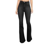 KONG JIMFAN Schlaghose Damen Jeans,Hohe Taille Jeans Weite Ausgestelltjeans Dark Wash Vintage Denimjeans Stretch Jeggings Bequeme Pants Reißverschluss Bootcut Jeans Gesäßstraffung Hosen(#A Black,M)