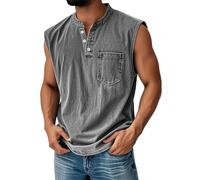 KONG JIMFAN Tank Top Herren Muskelshirts Knopfleiste V Ausschnitt Sport Tshirt Sommer Ärmellos Unterhemden Muscle Shirts Gym Funktionsshirt Achselshirts Lässig Strand Top mit Brusttasche(#B Gray,XXL)