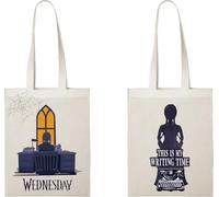 Konix Wednesday Tote Bag mit langen Griffen - 38 x 42 cm - 100% Polyester - Motiv This Is Writing Time - Weiß