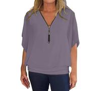 KonJim Chiffon-Blusen für Damen, Sommer, trendig, elegant, Fledermausärmel, V-Ausschnitt, Reißverschluss, lässig, locker, Dolman-Top, gebänderter Saum, durchscheinendes Netz-Tunika-Top, grau, 4XL