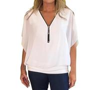 KonJim Chiffon-Blusen für Damen, Sommer, trendig, elegant, Fledermausärmel, V-Ausschnitt, Reißverschluss, lässig, locker, Dolman-Top, gebänderter Saum, durchscheinendes Netz-Tunika-Top, weiß, XXL