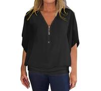 KonJim Chiffon-Blusen für Damen, Sommer, trendig, elegant, Fledermausärmel, V-Ausschnitt, Reißverschluss, lässig, locker, Dolman-Top, gebänderter Saum, durchscheinendes Netz-Tunika-Top, Schwarz , XXL