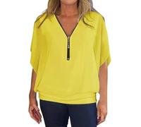 KonJim Chiffon-Blusen für Damen, trendig, elegant, Fledermausärmel, V-Ausschnitt, Reißverschluss, lässig, locker, Dolman-Top, gebänderter Saum, durchscheinendes Netz-Tunika-Oberteil, gelb, 4XL