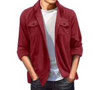 KonJim Hemd aus Wildlederimitat für Herren, lässig, leicht, langärmelig, Knopfleiste, Arbeitshemd, Jacken mit Pattentasche, Overshirts, rot, M
