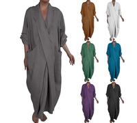 KonJim Maxikleid aus Baumwollleinen, 3/4-Ärmel, lässig, V-Ausschnitt, langes Kaftankleid, Übergröße, gerüscht, Umstandskleid, Wickelkleid mit Taschen, übergroß, Sommer, fließend, Boho, Strandkleid