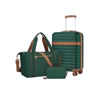 KONO Koffer Set 3-teilig, Hartschalen Handgepäck-Koffer mit 4 Rollen & TSA Schloss, Leichter ABS+PC Reisekoffer, inkl. Reisetasche & Kulturbeutel, ideal für Flug- & Geschäftsreisen, Dunkelgrün/Braun