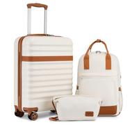 KONO Koffer Trolley Handgepäck Koffer Reisekoffer von ABS+PC Hartschalenkoffer mit 4 Rollen TSA Schloss Koffer Set Enthält 1 Reiserucksack und 1 Kulturbeutel(Creme/Braun,Kofferset 3 Teilig)