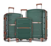 KONO Kofferset 3 Teilig Koffer Trolley Reisekoffer aus Polypropylen Leichte Hartschalenkoffer mit 4 Doppelspinnrollen und TSA Schloss (Dunkelgrün/Braun,Set)