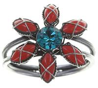 Konplott: Ring Psychodahlia, edler Margariten-Blütenring mit Emaille-Blütenblättern und Kristallstein in der Mitte, für Damen/Frauen (rot-türkis)