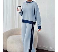 Kontrast Blau & Weiß gestreifter, locker geschnittener, langärmeliger Strickpullover + Hosen Set für Frauen