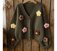 Kontrast-Farben 3D Blumen Strick-Cardigan, locker geschnittener V-Ausschnitt kurzer Stil jugendlicher Damen Pullover, Macaron 3D Blumen Strick-Cardiga