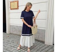 Kontrastarmes Rüschen-Saum Rundhals Kurzarm Casual Kleid für Mittelalter- und ältere Frauen, Sommerkleider für Damen