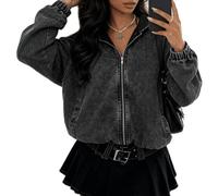 KOOSUFA Jeansjacke Damen Kapuze Kapuzenjacke mit Taschen & Reißverschluss | Retro-Wasserwaschstil, Locker, Langarm, Elastische Bündchen und Saum, Übergangsjacke für Frühling Herbst, XXS XS S M L XL