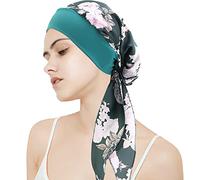 WUERKIYA Frauen Chemo Hut Turban Beanie, Kopftuch für Frauen Kopfbedeckung Damen Chemo Kopfbedeckung Im Voraus Gebunden Set Plissiert Headwrap Schals Gap Mütze Damen -Grüne Blume