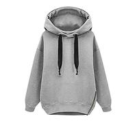 Kordelzug Seitlicher Reißverschluss Pullover, Damen Kapuze Langarm Solide Plüsch Sweatshirt Mittellang Tops Bluse für Frau Gr. 48, grau