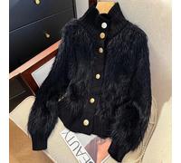 Koreanischer Stil flauschige Strickjacke - Weicher Fake-Pelz Pullover mit fächerförmigem Rüschensaum und Perlknöpfen, bequeme Jacke mit hohem Kragen,