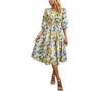 Kormei Damen-Sommerkleid, lässig, Boho-Stil, Blumenmuster, Rundhalsausschnitt, kurze Ärmel, gesmokte Taille, gestuftes, fließendes Swing-Midikleid, Blau/Gelb, X-Groß